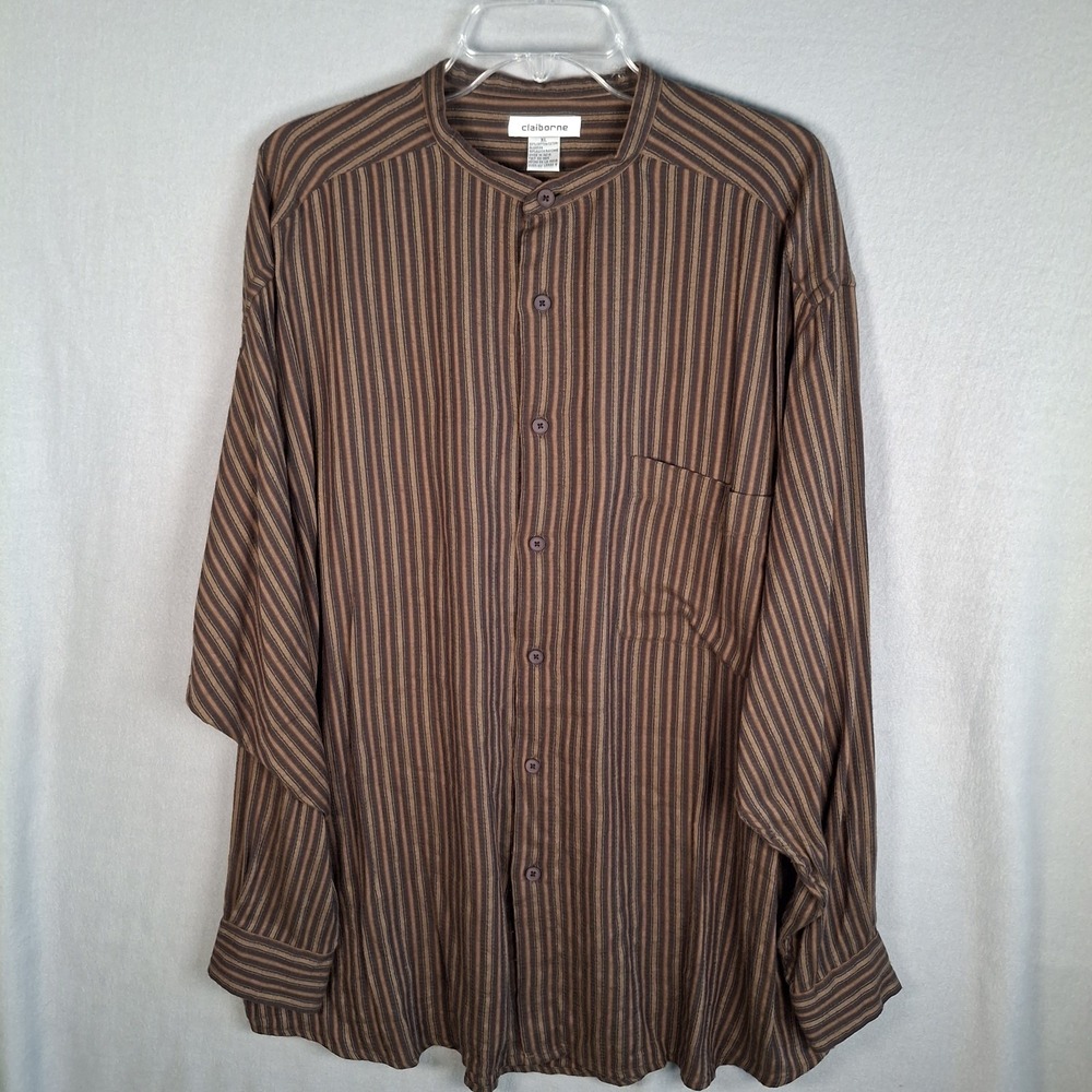 VTG Claiborne Mens XL Band Collar Shirt Brown Striped Cotton Rayon‎ Grandad 90s